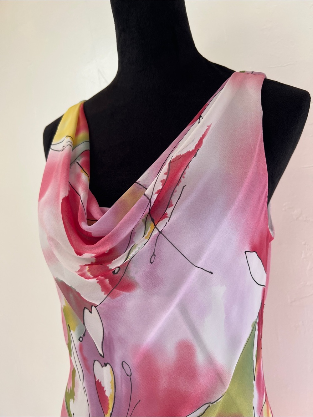 Joseph Ribkoff Pink Floral Tiered Chiffon Cowl Neck Dress 90s fairy whimsical - Picture 5 of 13